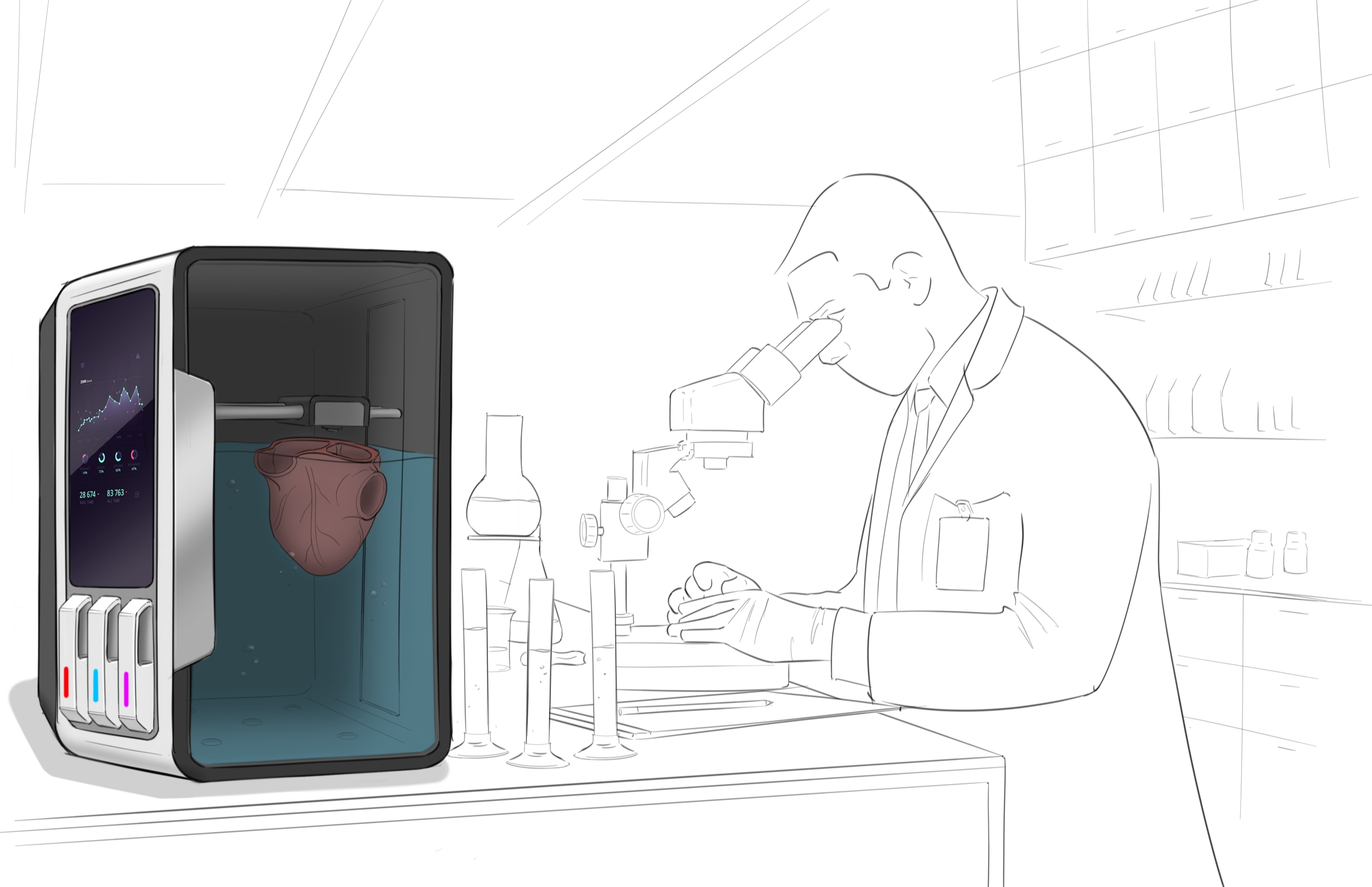 drawing of a 3D printer printing a heart