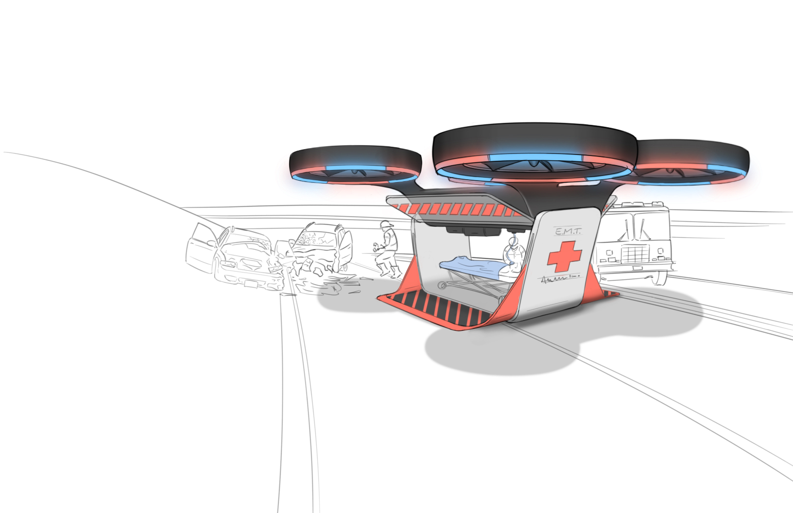 drawing of a flying ambulance drone concept
