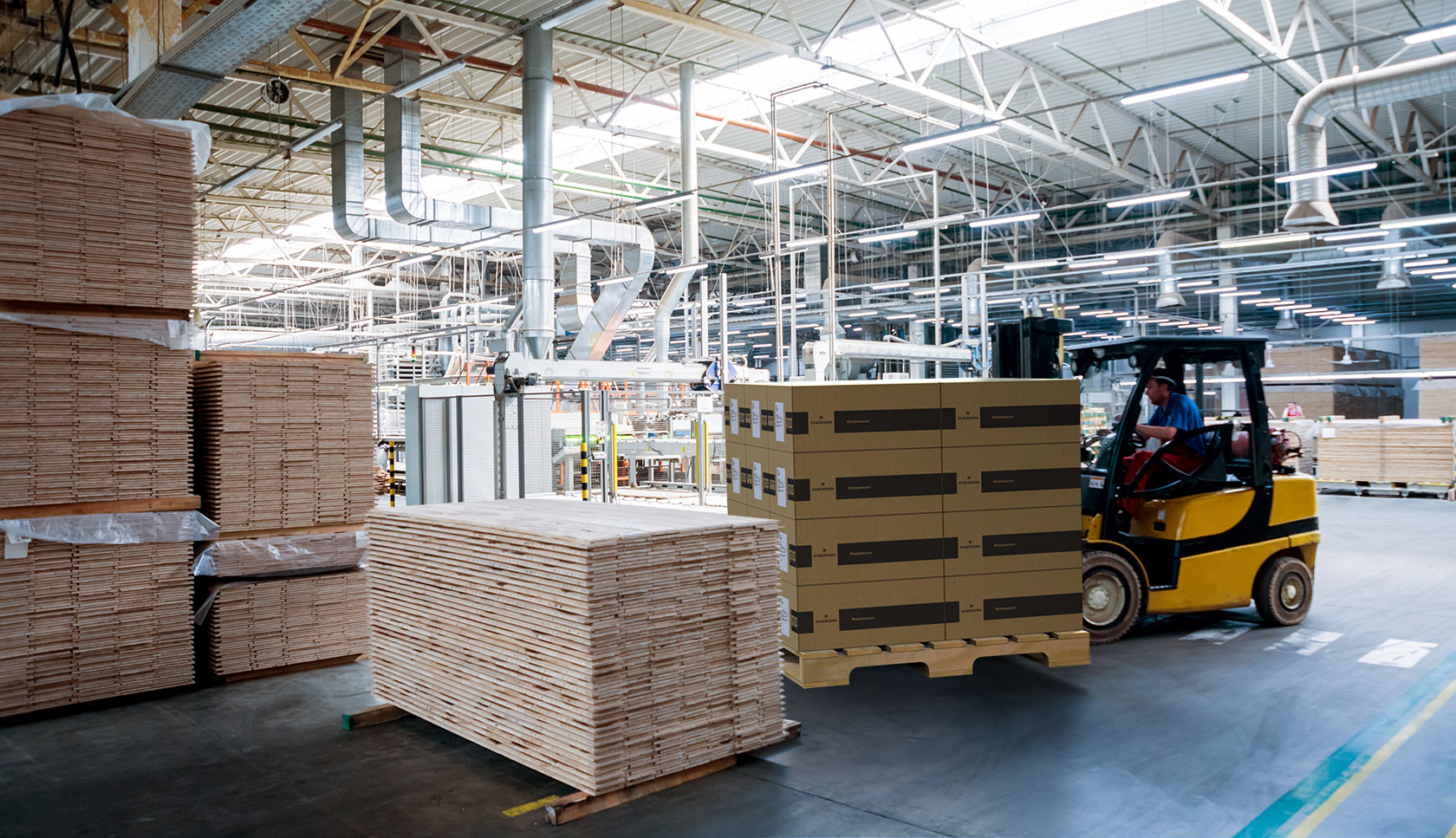 forklift moving packaging in a factory