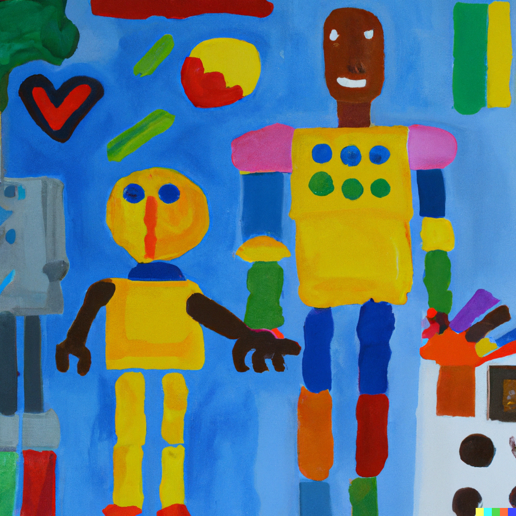 Painting of humans and robots working together